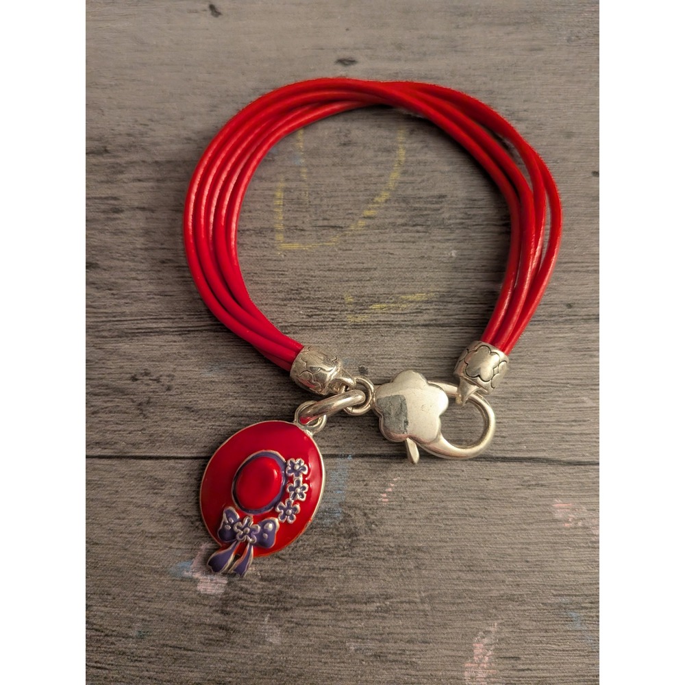 Red Society Sun Hat Charm Bracelet Multi Strand Cord Silver Tone Enamel Jewelry